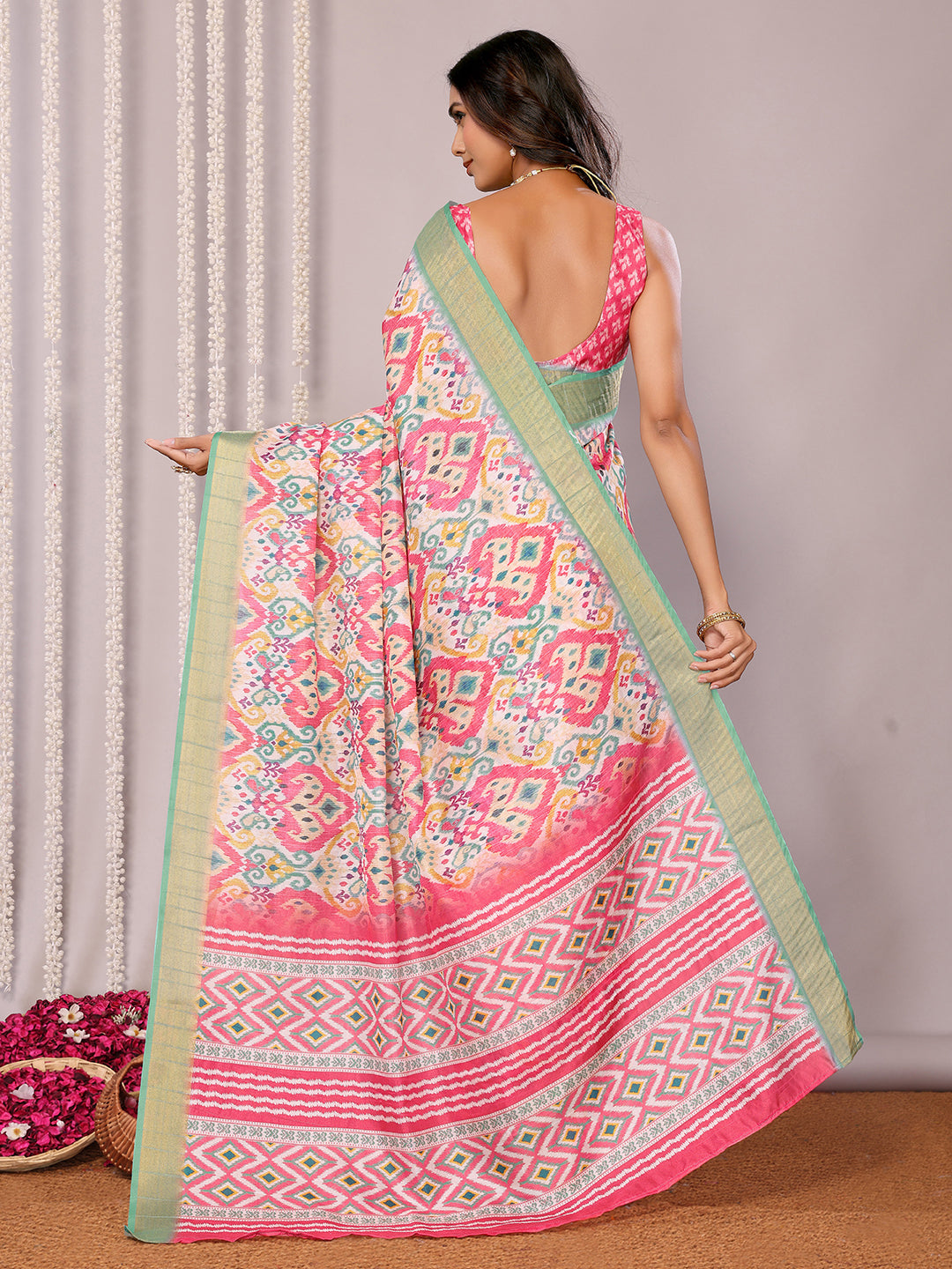 Pink Chanderi Silk Ikkat Printed Chanderi Saree with Blouse Piece