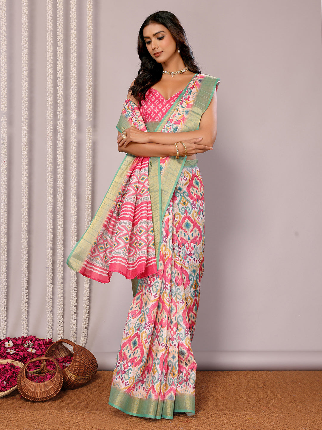Pink Chanderi Silk Ikkat Printed Chanderi Saree with Blouse Piece