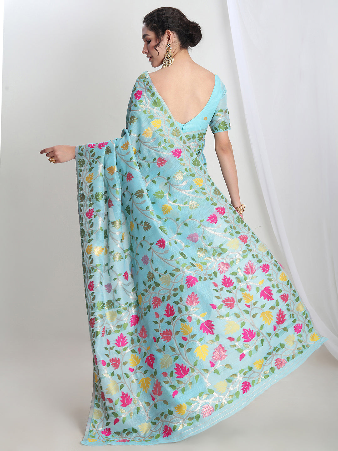 Janasya Women's Sky Blue Silk Blend Floral Woven Design Jacquard Saree with Blouse Piece