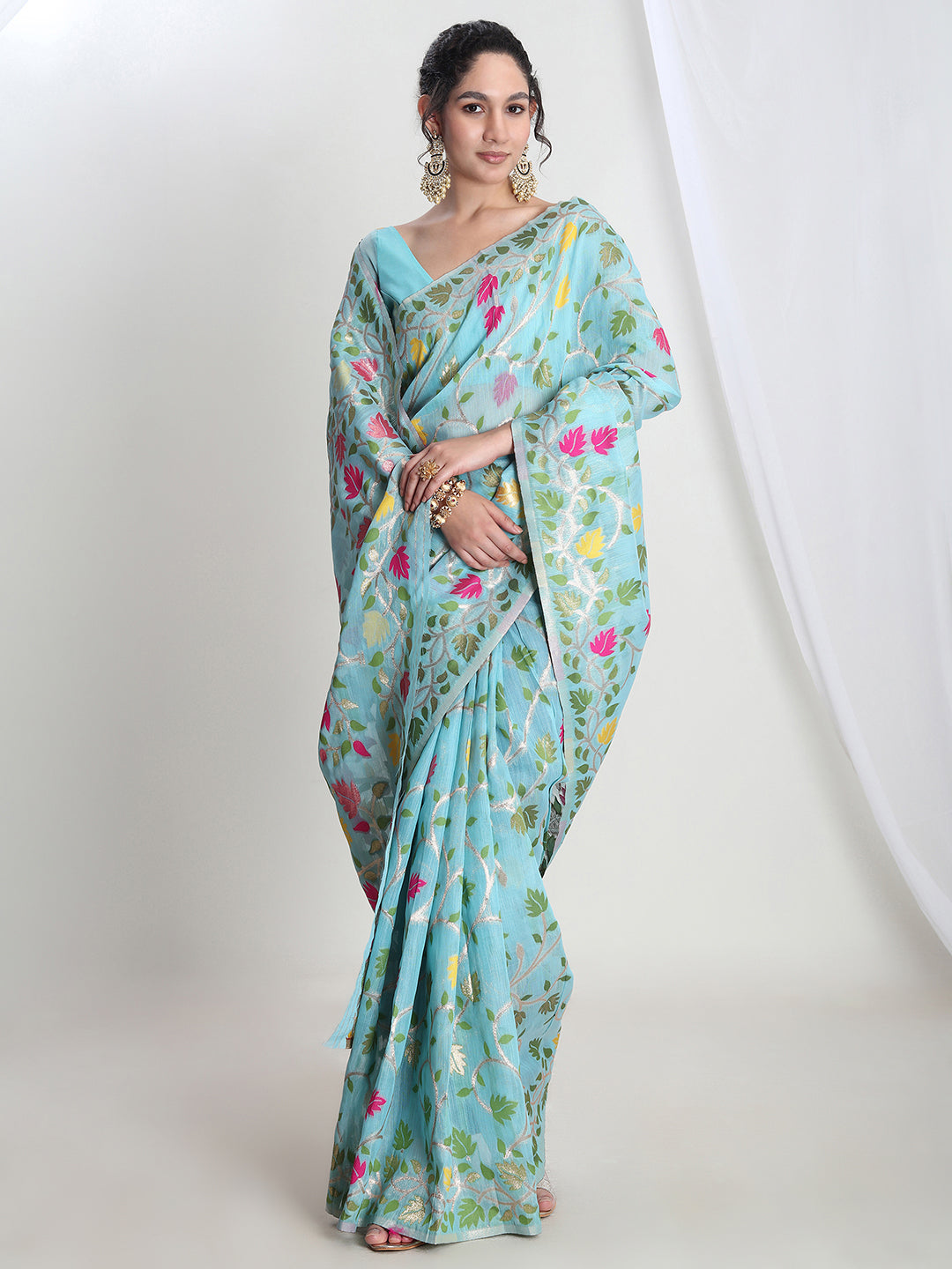 Janasya Women's Sky Blue Silk Blend Floral Woven Design Jacquard Saree with Blouse Piece