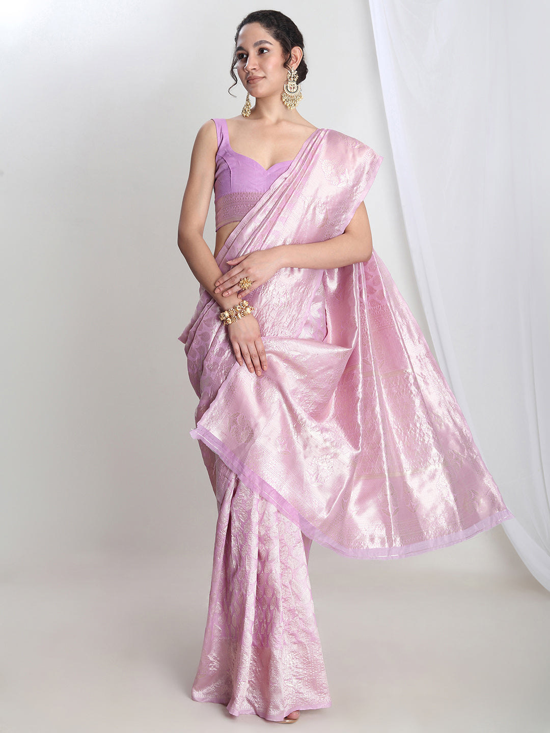 Janasya Women's Lavender Silk Blend Leaf Motifs Woven Design Jacquard Saree with Blouse Piece