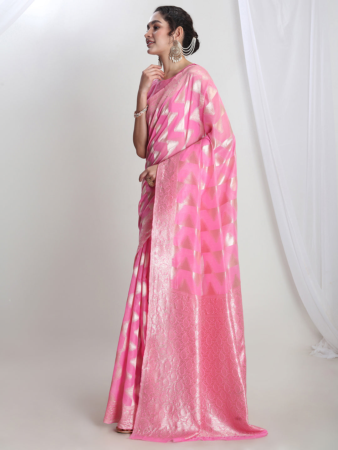 Janasya Women's Pink Silk Blend Geometric Woven Design Jacquard Saree with Blouse Piece