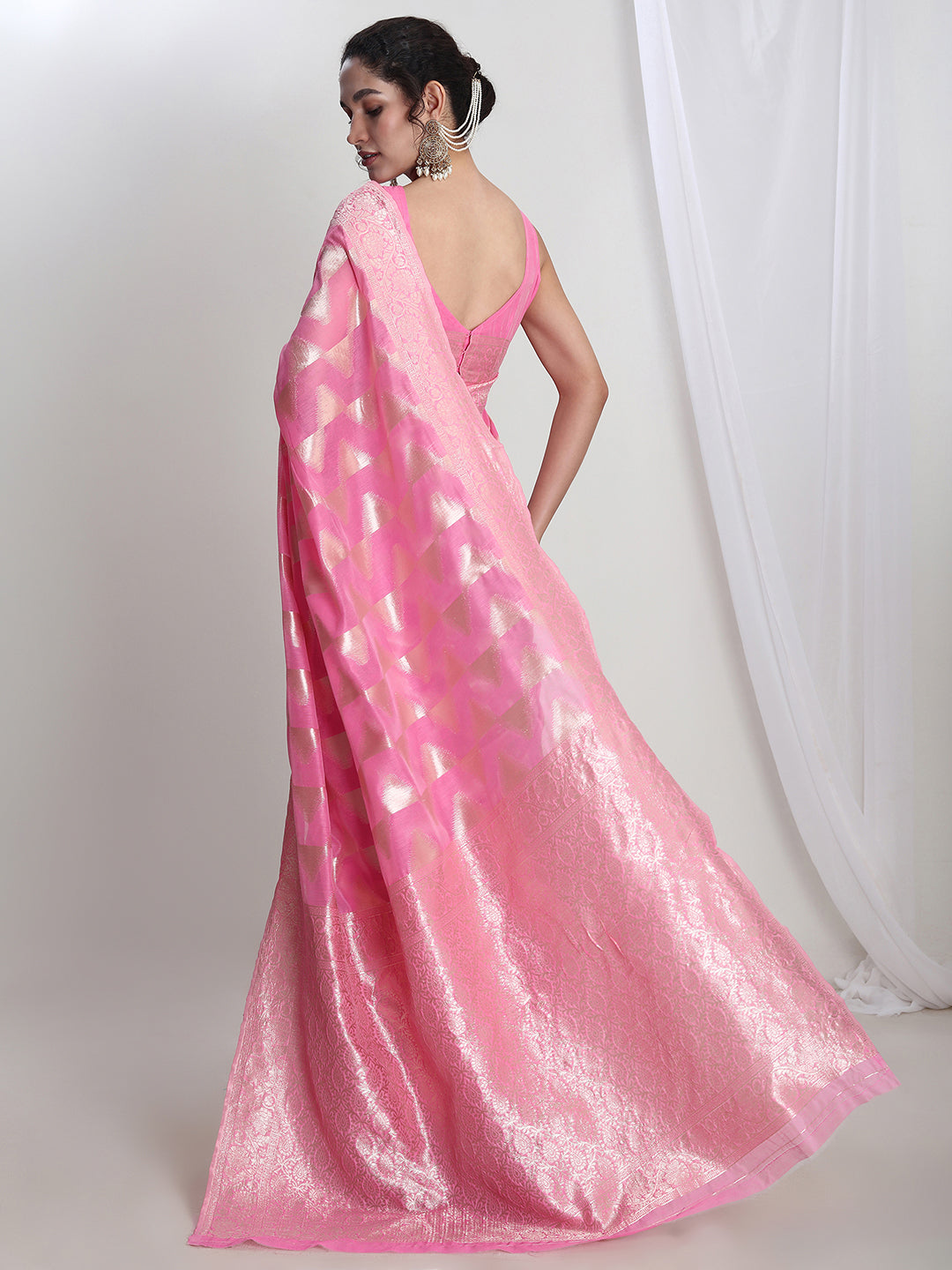 Janasya Women's Pink Silk Blend Geometric Woven Design Jacquard Saree with Blouse Piece