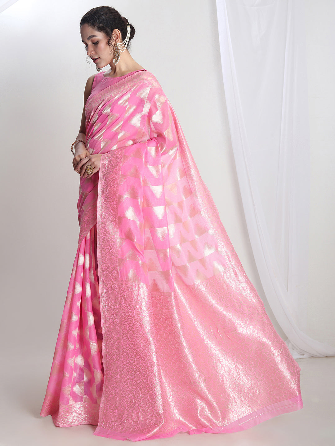 Janasya Women's Pink Silk Blend Geometric Woven Design Jacquard Saree with Blouse Piece