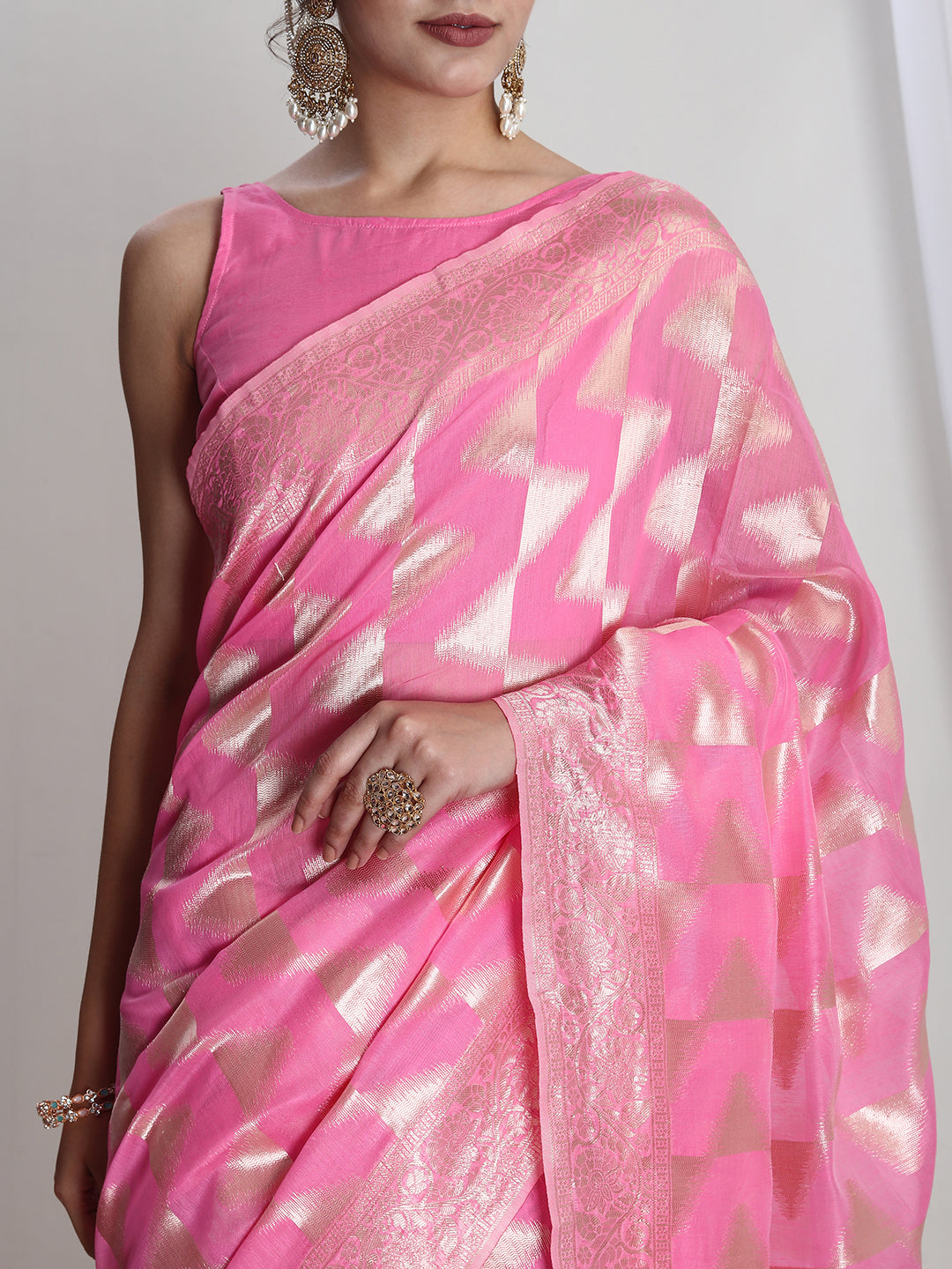 Janasya Women's Pink Silk Blend Geometric Woven Design Jacquard Saree with Blouse Piece