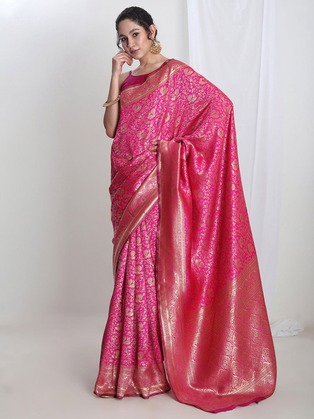 Janasya Women's Pink Silk Blend Floral Woven Design Jacquard Saree with Blouse Piece