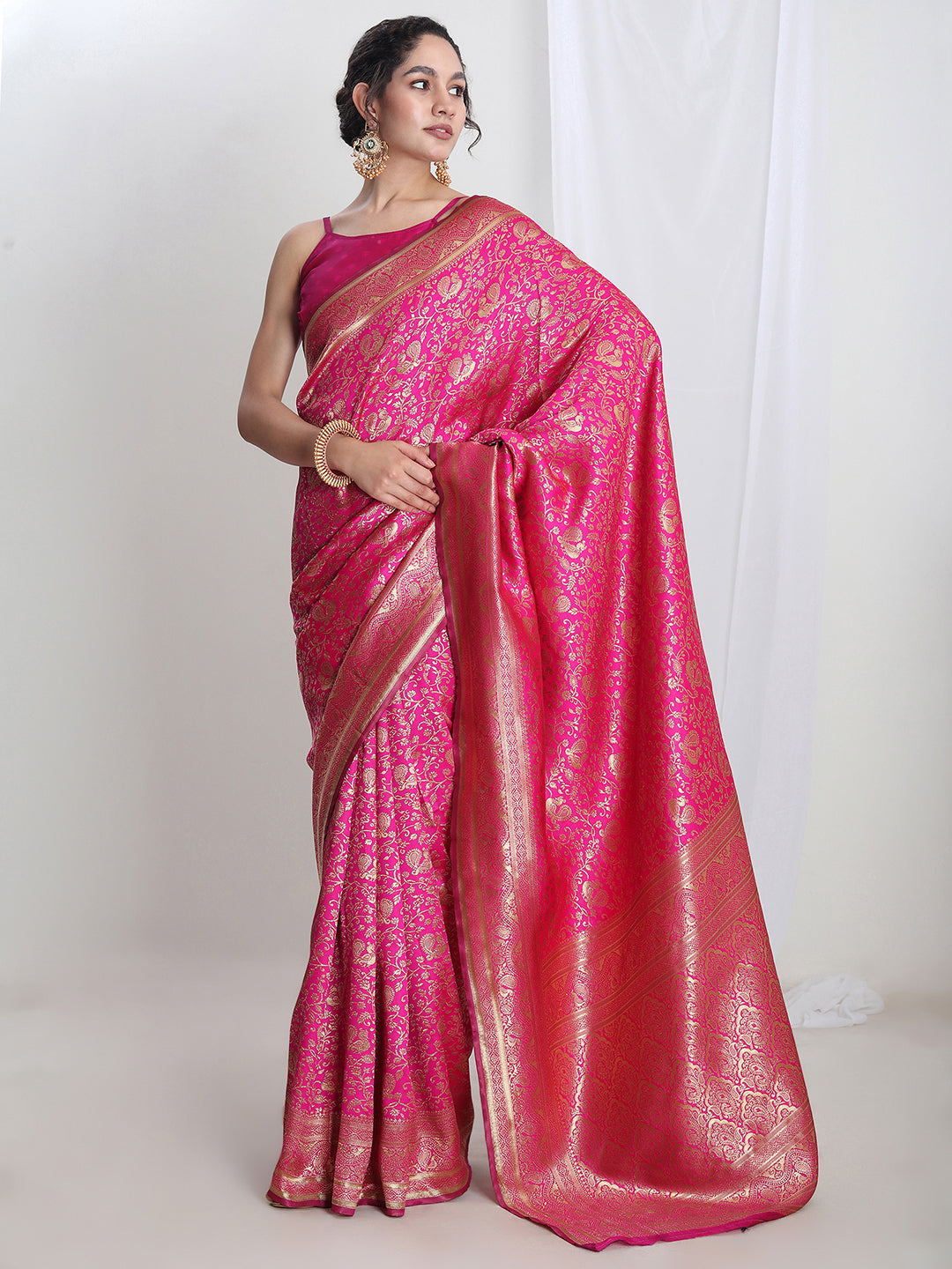 Janasya Women's Pink Silk Blend Floral Woven Design Jacquard Saree with Blouse Piece