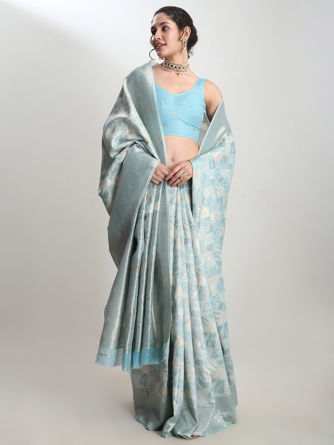 Janasya Women's Sky Blue Silk Blend Geometric Woven Design Jacquard Saree with Blouse Piece