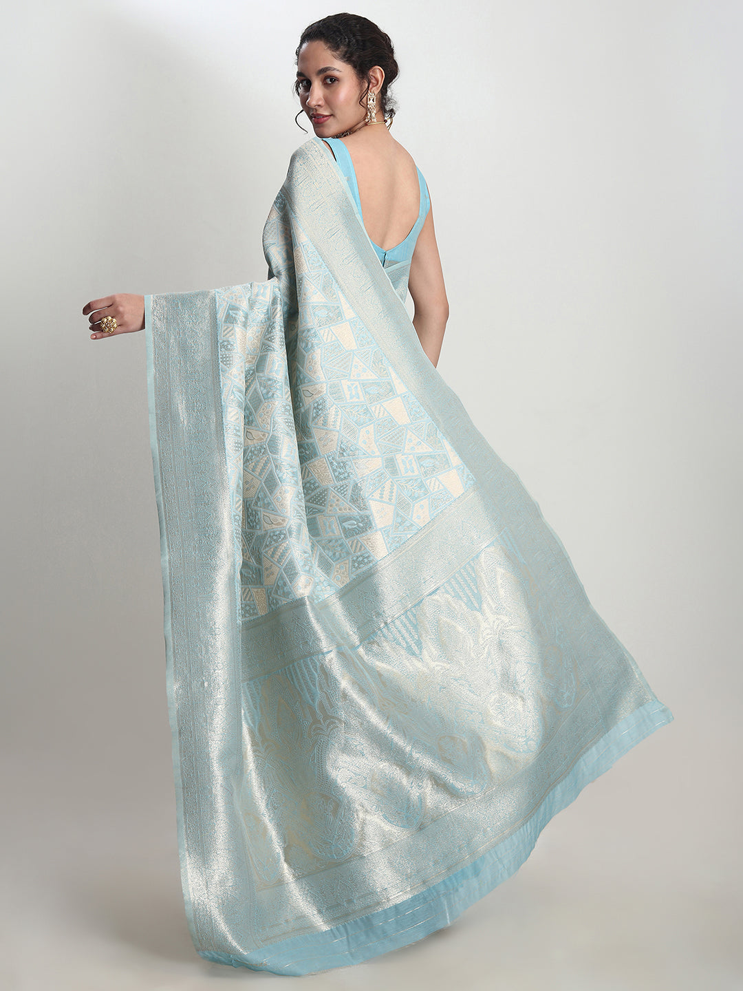 Janasya Women's Sky Blue Silk Blend Geometric Woven Design Jacquard Saree with Blouse Piece
