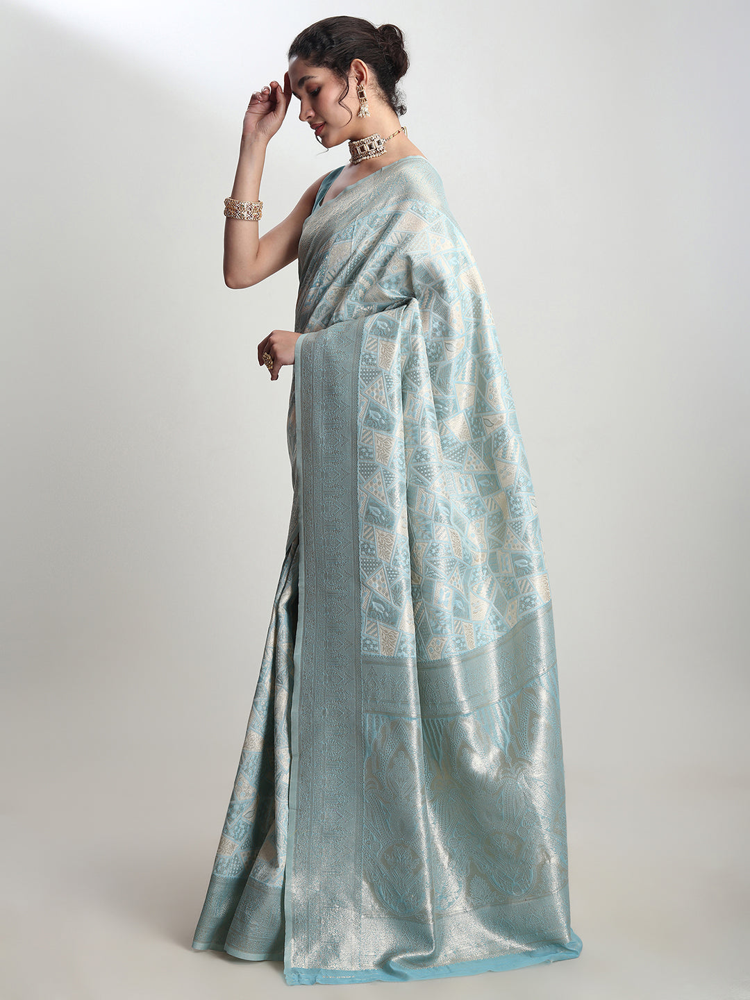 Janasya Women's Sky Blue Silk Blend Geometric Woven Design Jacquard Saree with Blouse Piece