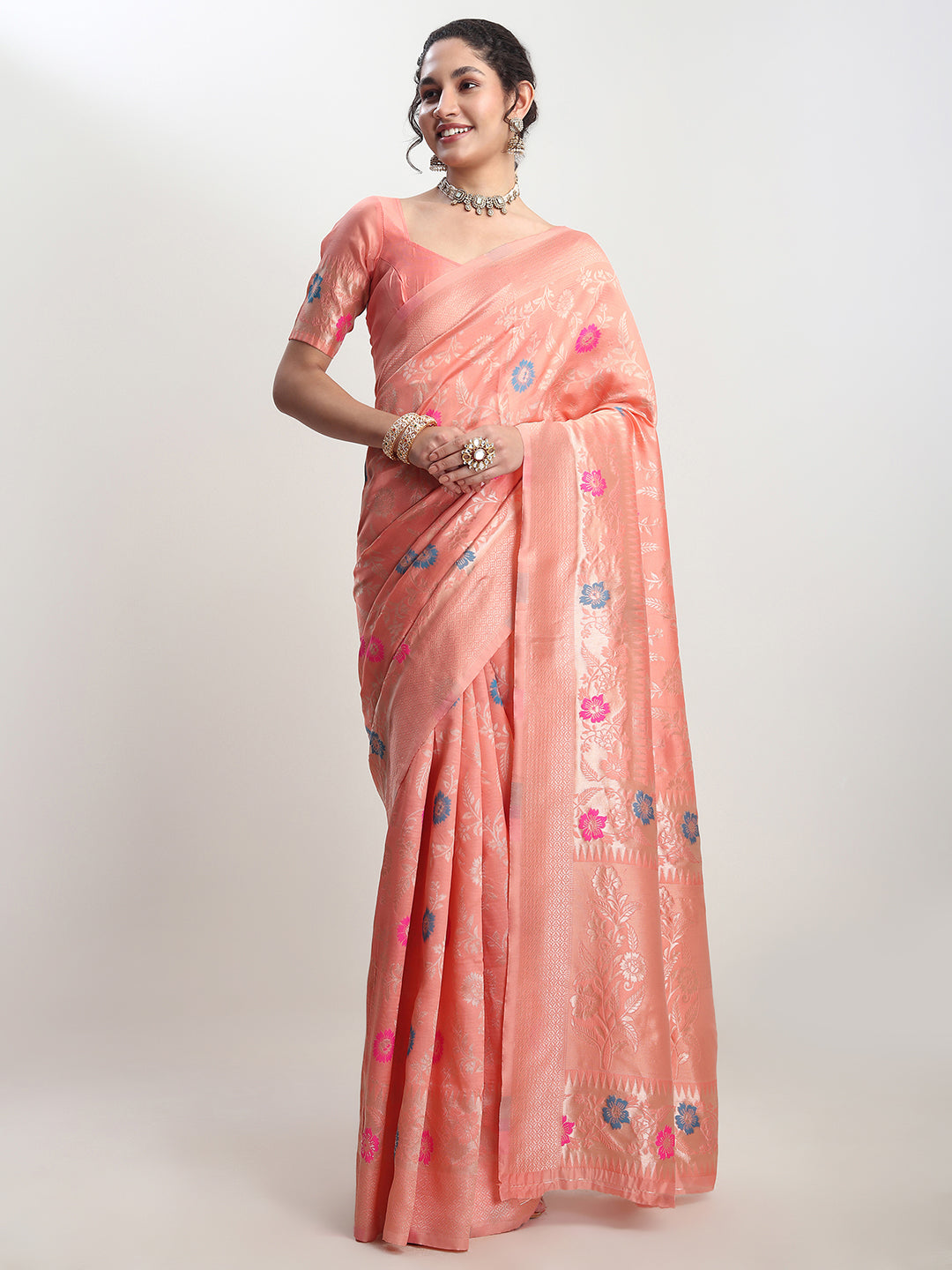 Janasya Women's Peach Silk Blend Floral Woven Design Jacquard Saree with Blouse Piece