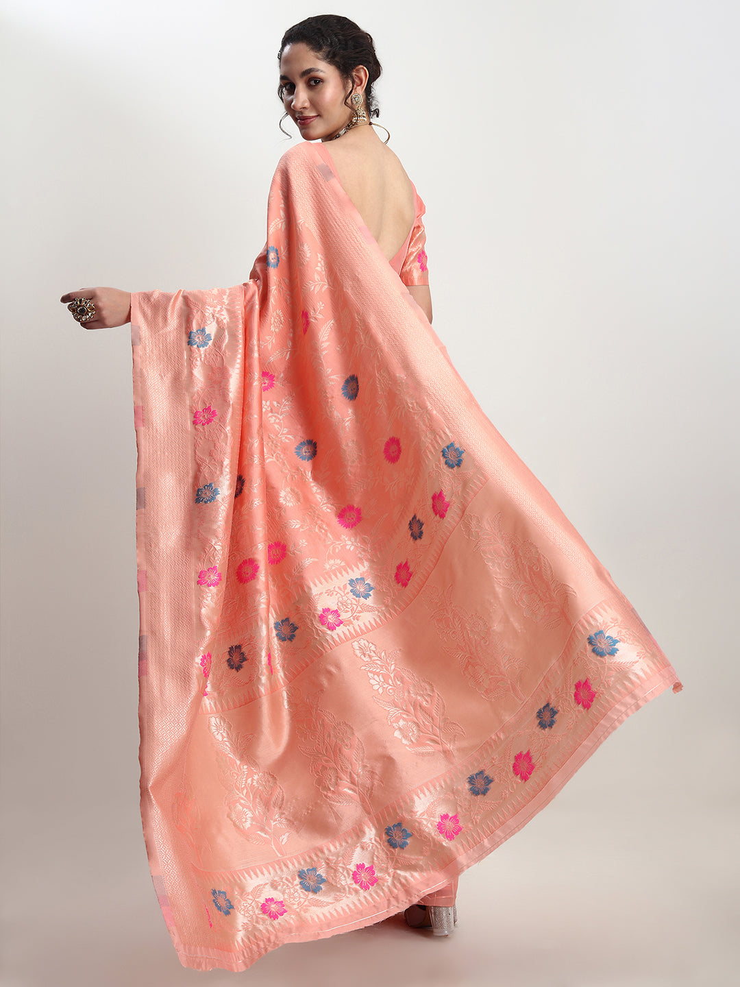 Janasya Women's Peach Silk Blend Floral Woven Design Jacquard Saree with Blouse Piece