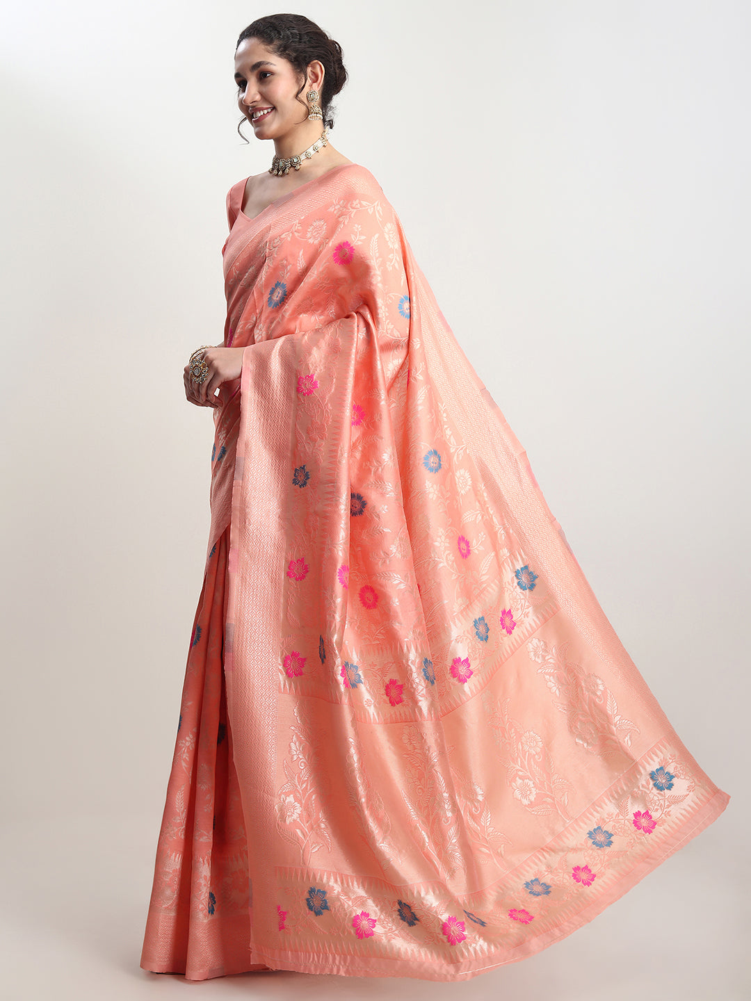 Janasya Women's Peach Silk Blend Floral Woven Design Jacquard Saree with Blouse Piece