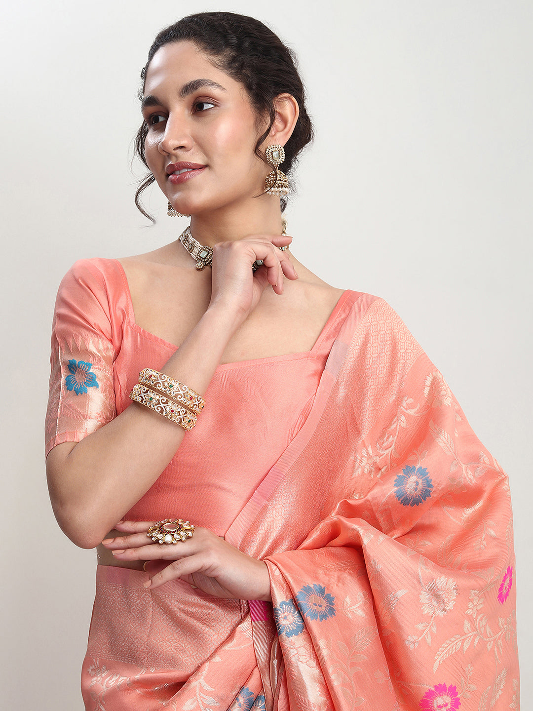 Janasya Women's Peach Silk Blend Floral Woven Design Jacquard Saree with Blouse Piece