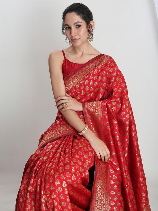 Janasya Women's Red Silk Blend Floral Woven Design Jacquard Saree with Blouse Piece