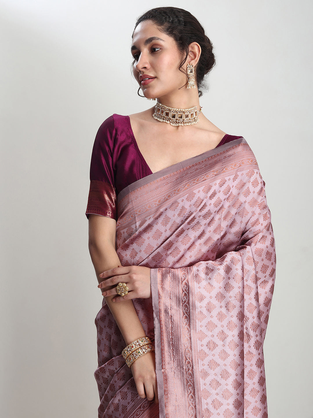 Janasya Women's Dusty Pink Silk Blend Ethnic Motifs Woven Design Jacquard Saree with Blouse Piece