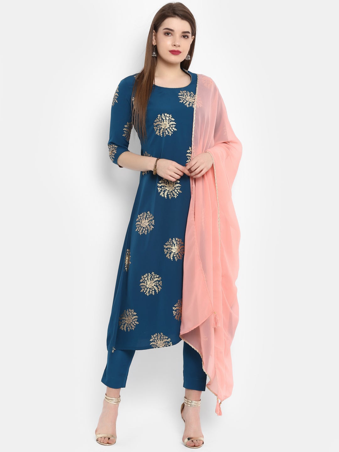 Teal Poly Crepe Gold Print Kurta with Pant and Dupatta Janasya