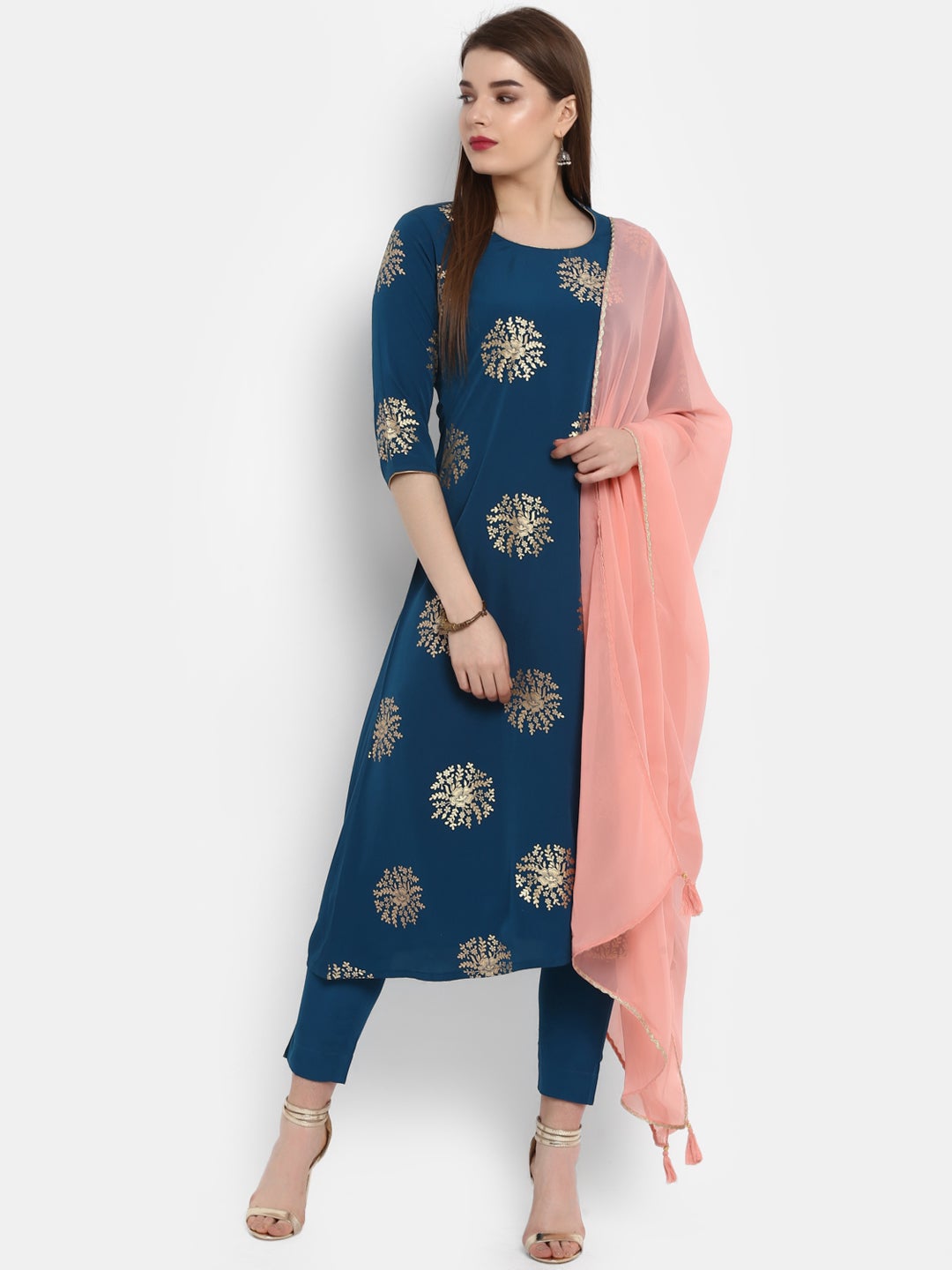 Teal Poly Crepe Gold Print Kurta with Pant and Dupatta Janasya
