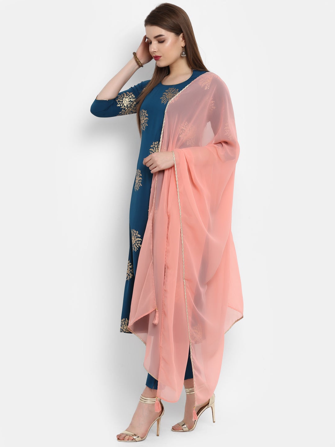 Teal Poly Crepe Gold Print Kurta with Pant and Dupatta Janasya