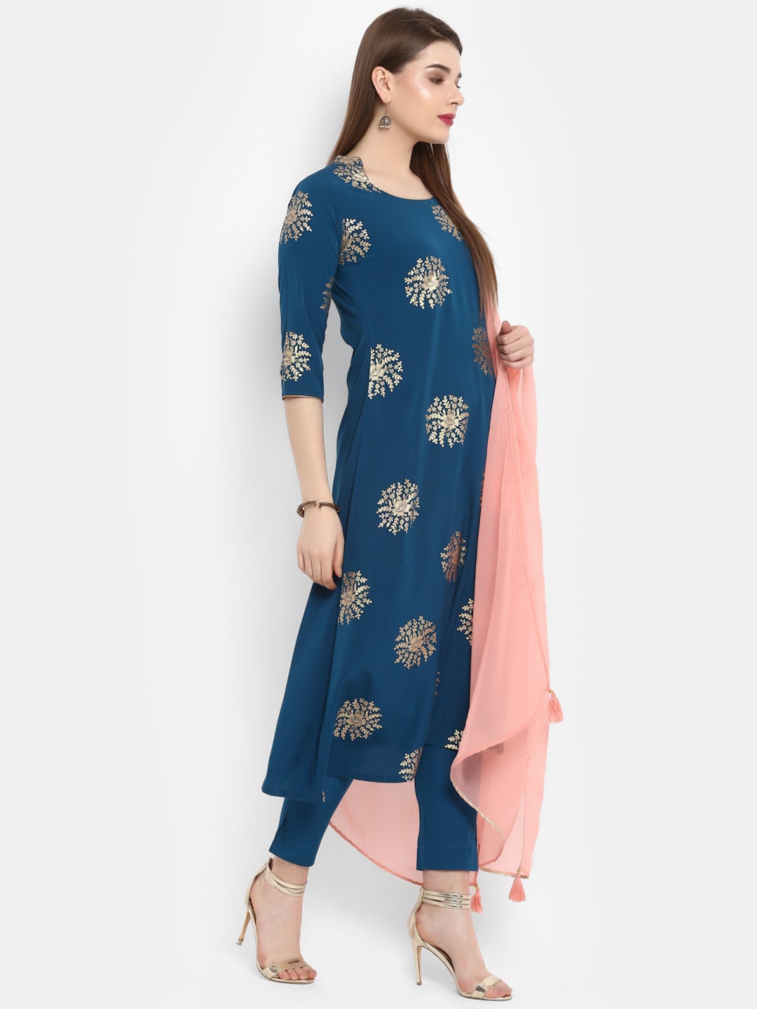 Teal Poly Crepe Gold Print Kurta with Pant and Dupatta Janasya