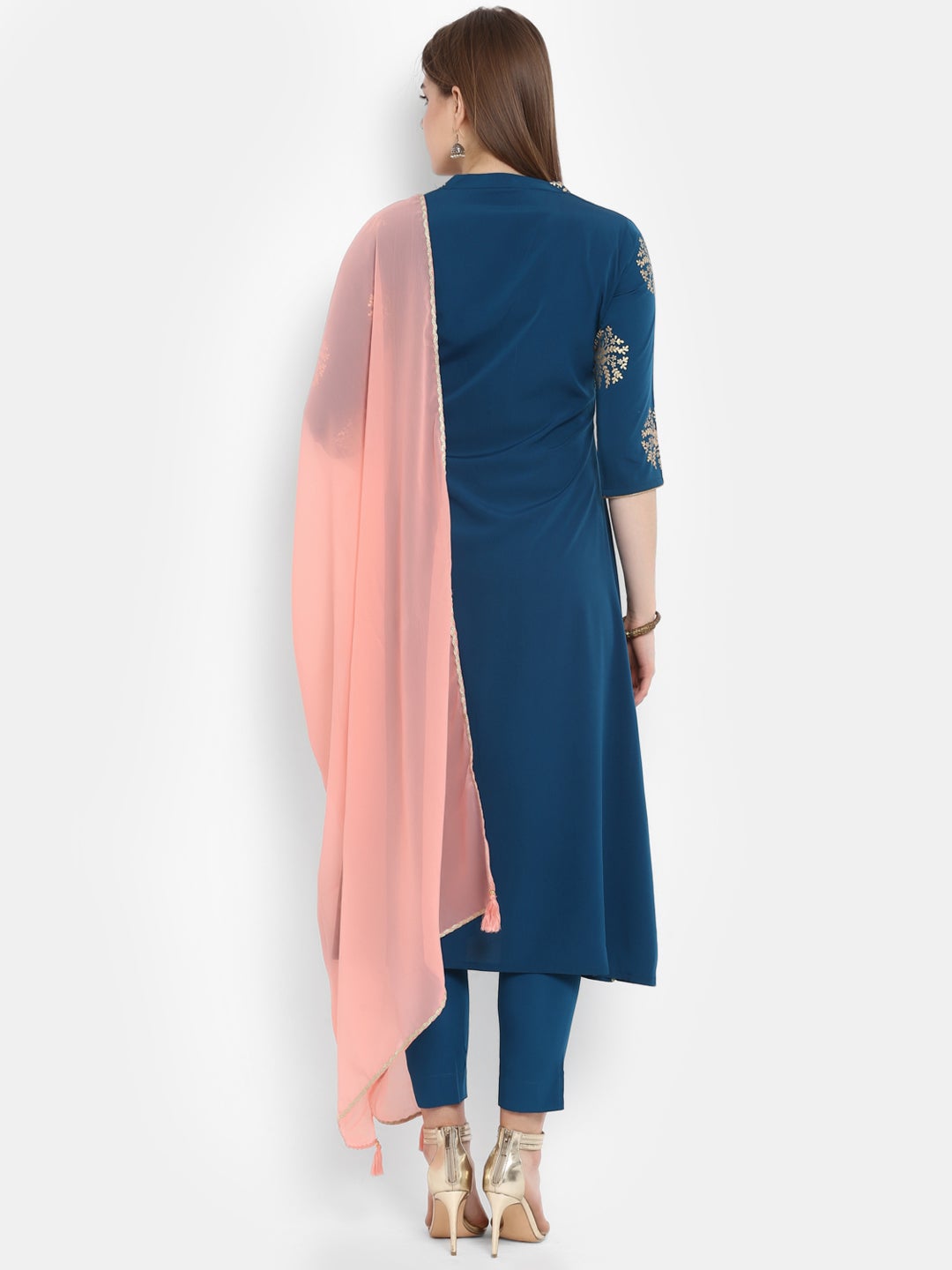Teal Poly Crepe Gold Print Kurta with Pant and Dupatta Janasya
