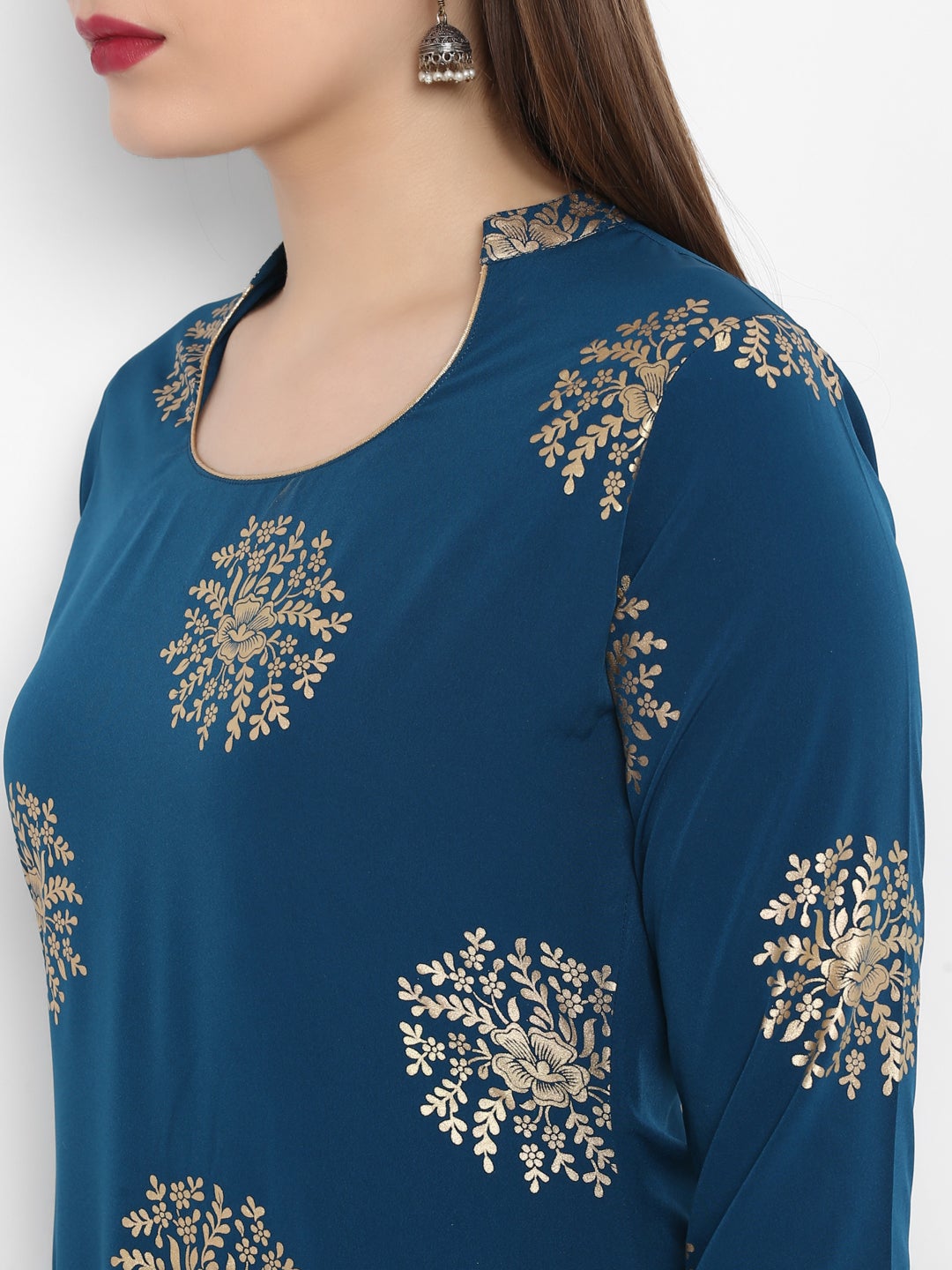 Teal Poly Crepe Gold Print Kurta with Pant and Dupatta Janasya