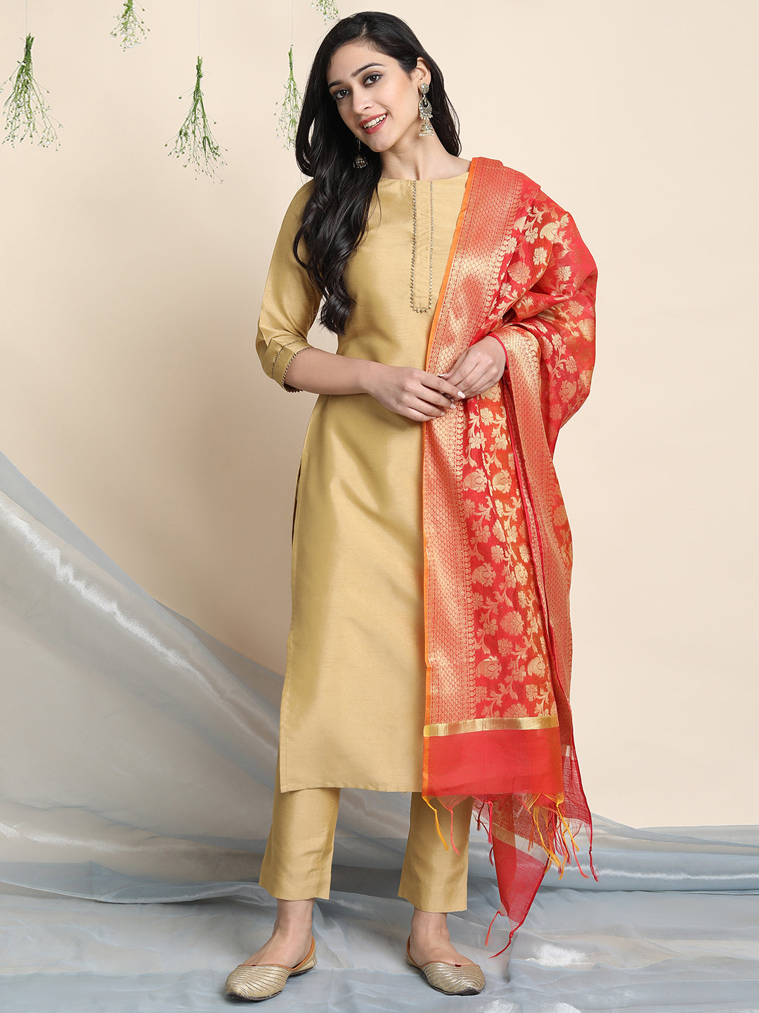Gold Poly Silk Solid Kurta with Pant and Dupatta Janasya