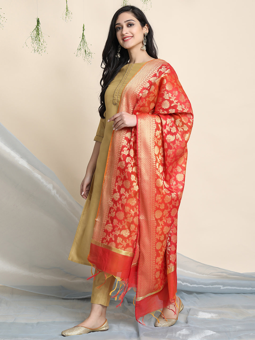 Gold Poly Silk Solid Kurta with Pant and Dupatta Janasya