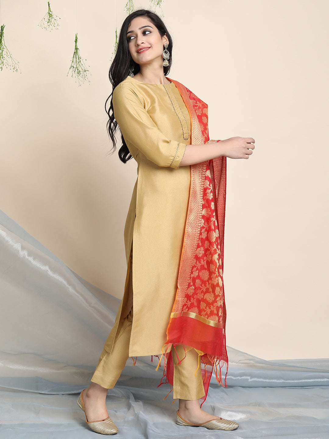Gold Poly Silk Solid Kurta with Pant and Dupatta Janasya