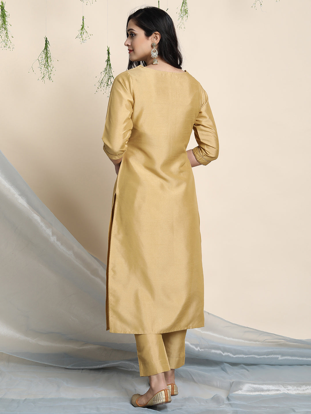 Gold Poly Silk Solid Kurta with Pant and Dupatta Janasya