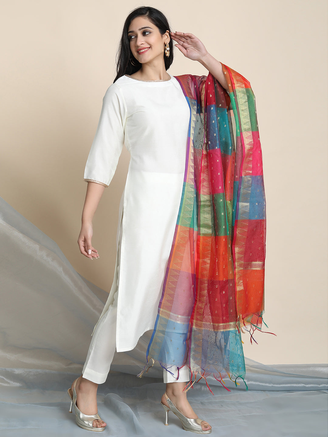 Off-White Poly Silk Solid Kurta with Pant and Dupatta Janasya