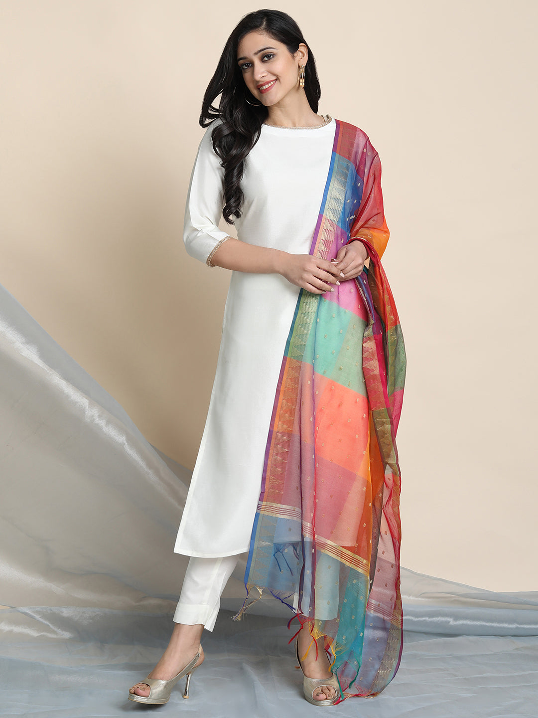 Off-White Poly Silk Solid Kurta with Pant and Dupatta Janasya