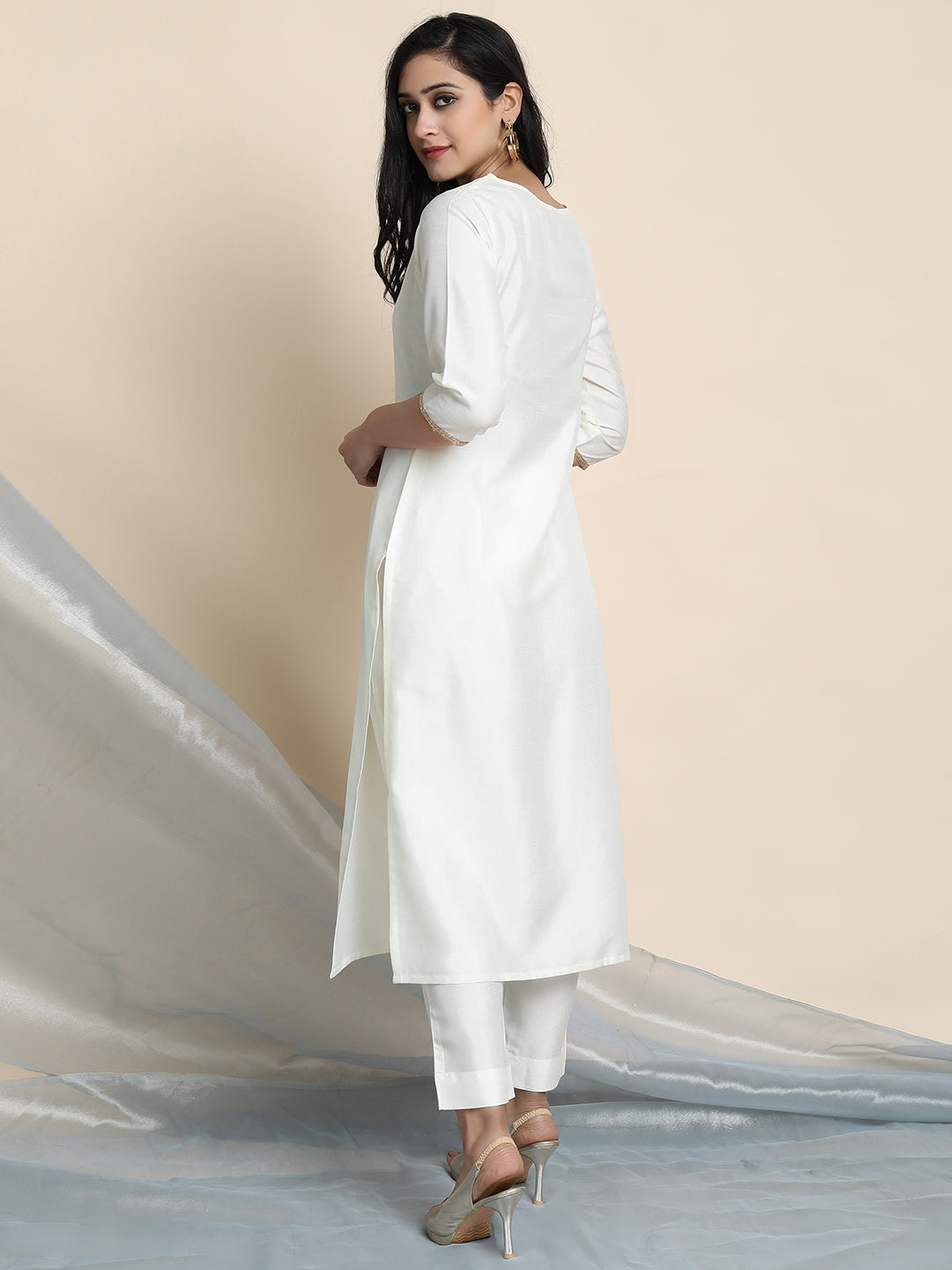 Off-White Poly Silk Solid Kurta with Pant and Dupatta Janasya