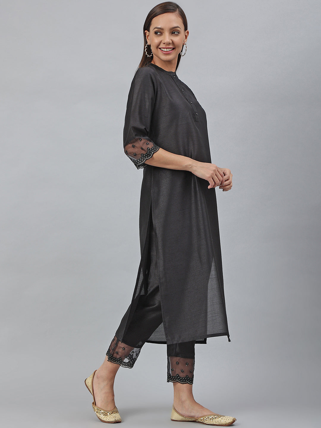 Black Poly Silk Solid Kurta with Pant Janasya