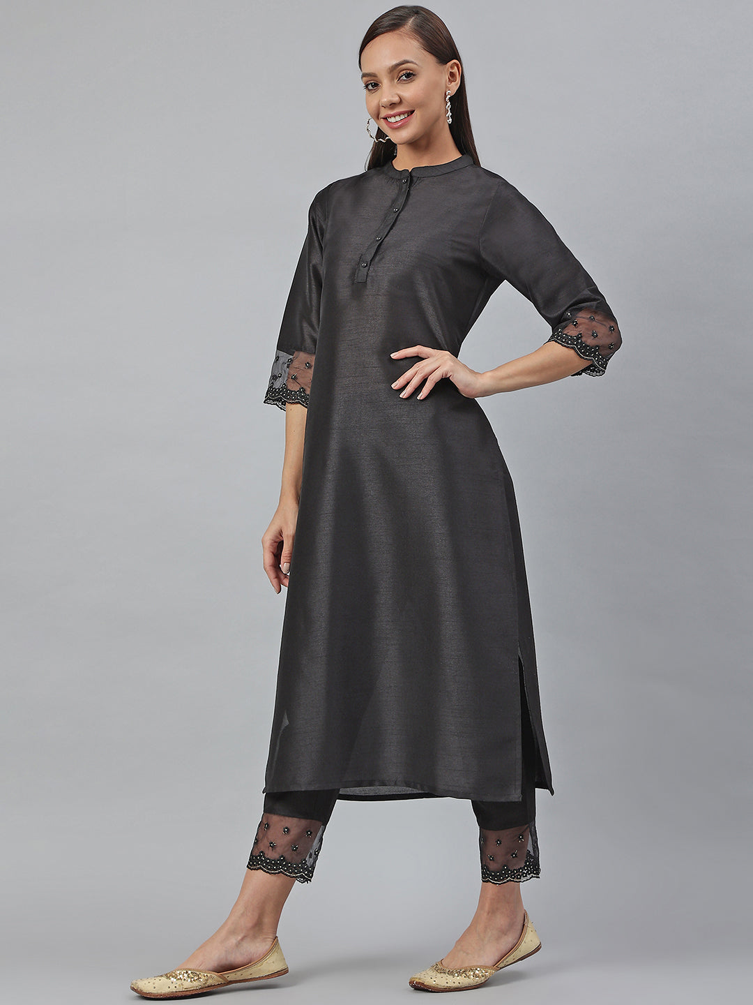 Black Poly Silk Solid Kurta with Pant Janasya