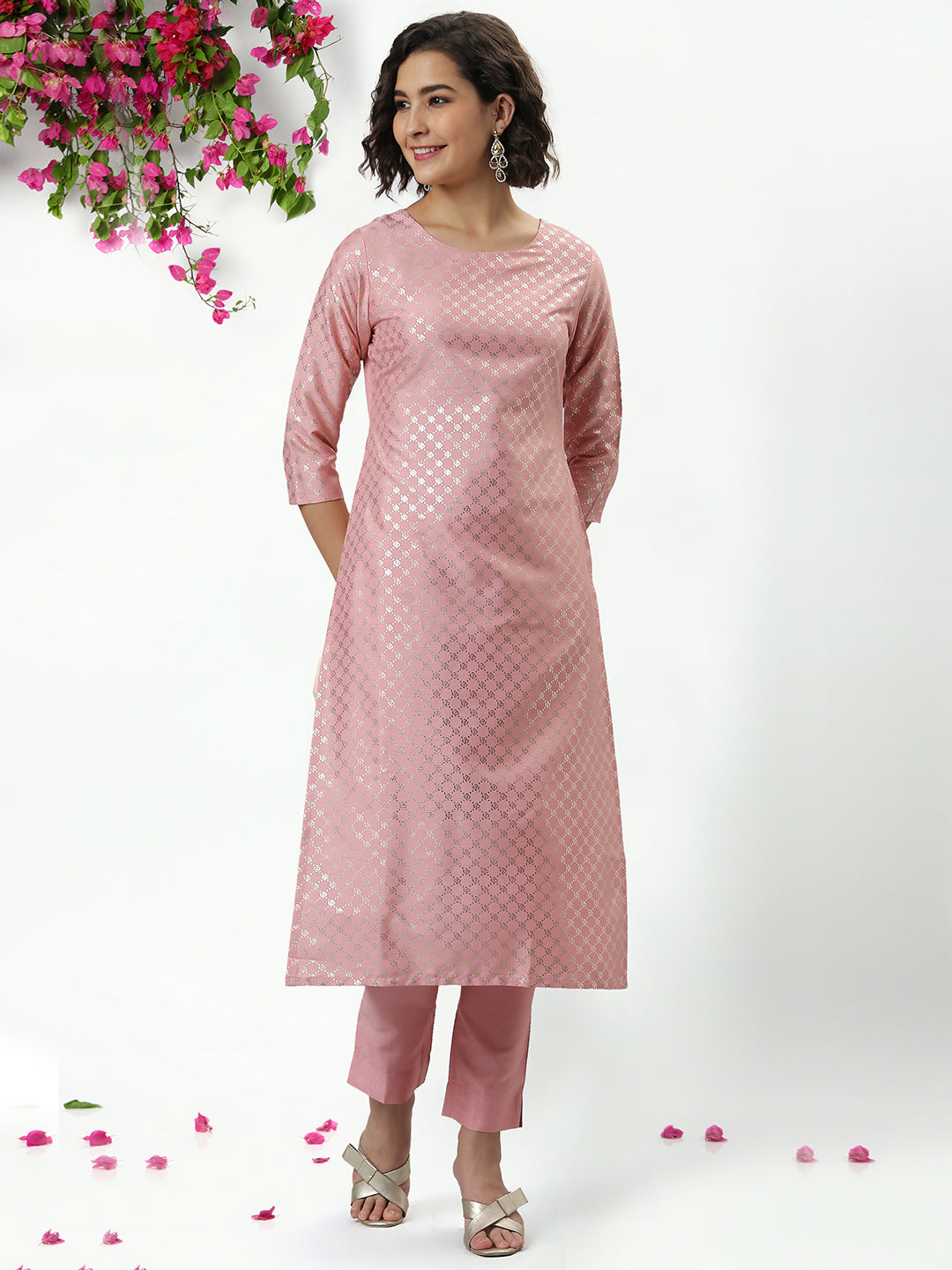 Pink Poly Silk Floral Print Kurta with Pant Janasya