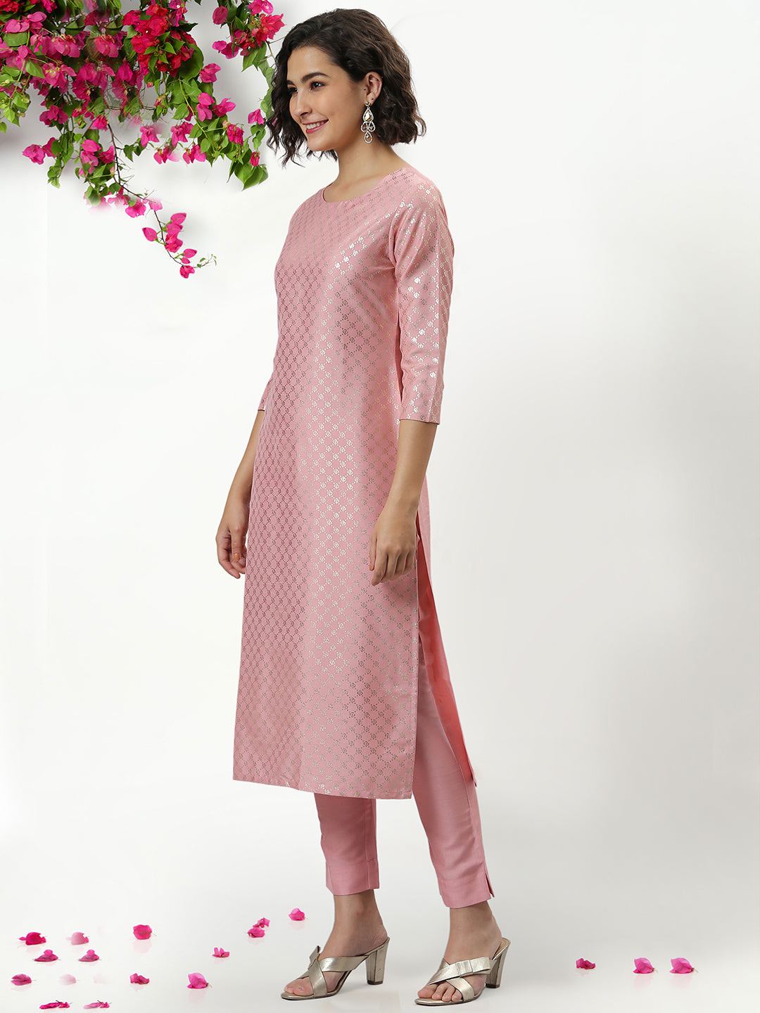 Pink Poly Silk Floral Print Kurta with Pant Janasya