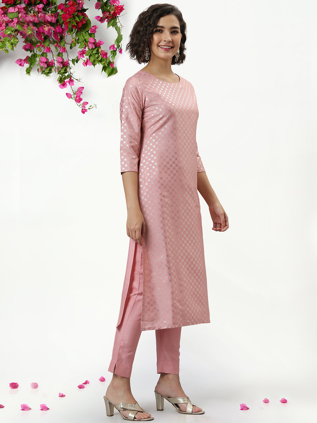 Pink Poly Silk Floral Print Kurta with Pant Janasya
