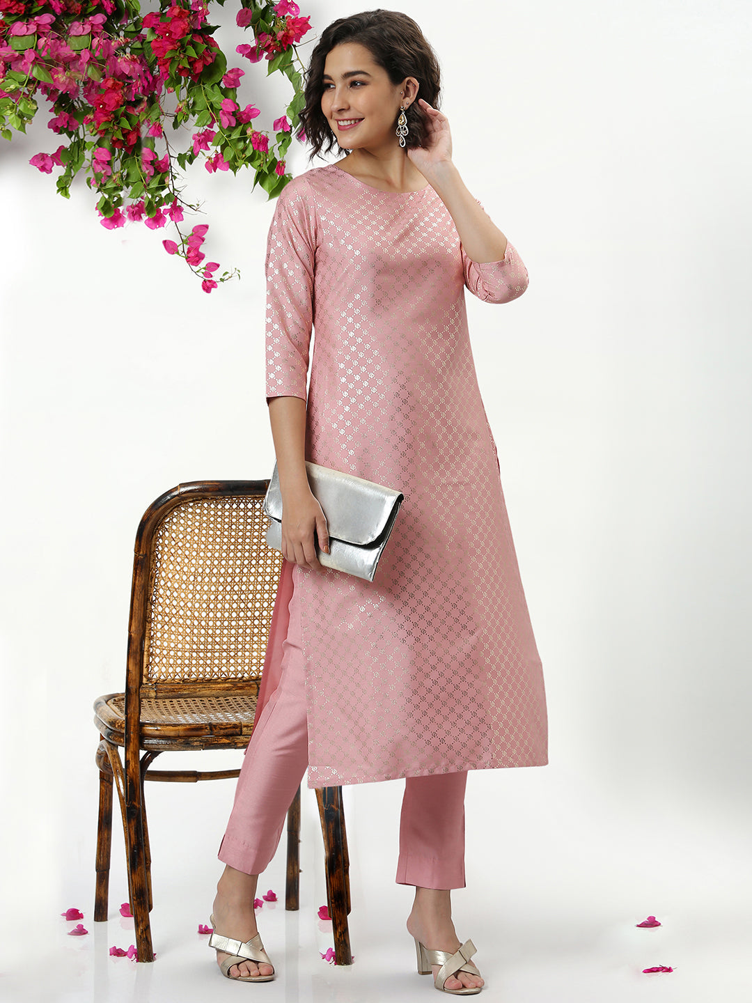 Pink Poly Silk Floral Print Kurta with Pant Janasya