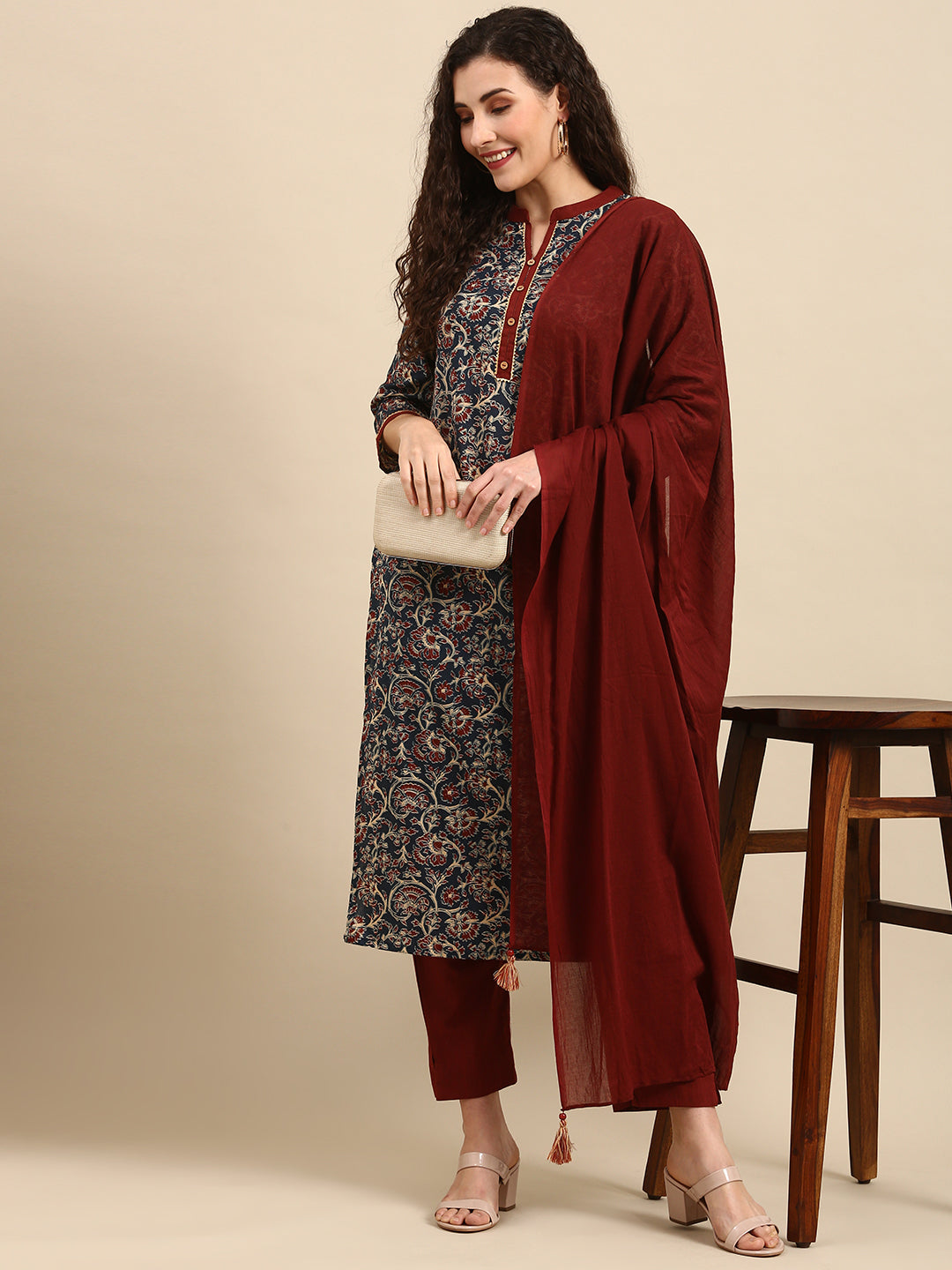 Teal Blue Cotton Floral Print Kurta with Pant and Dupatta Janasya