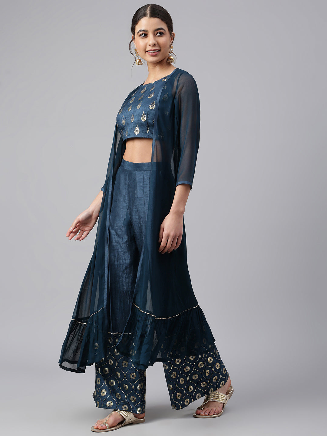 Teal Poly Silk Foil Print Crop Top with Palazzo and Jacket Janasya