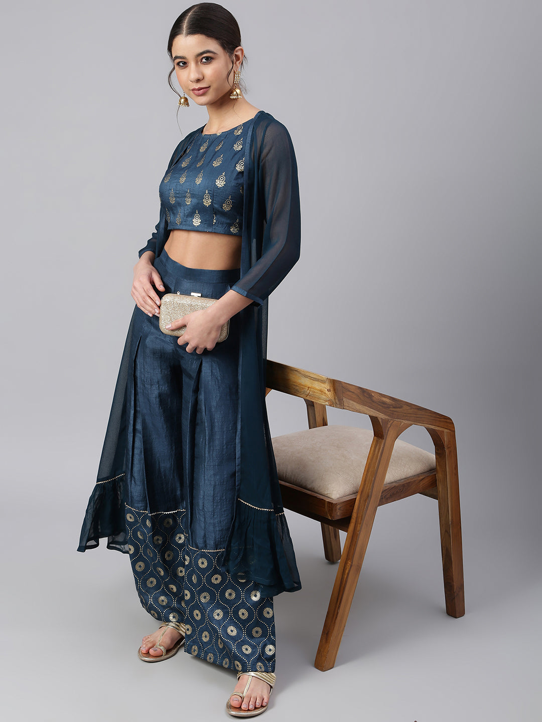 Teal Poly Silk Foil Print Crop Top with Palazzo and Jacket Janasya