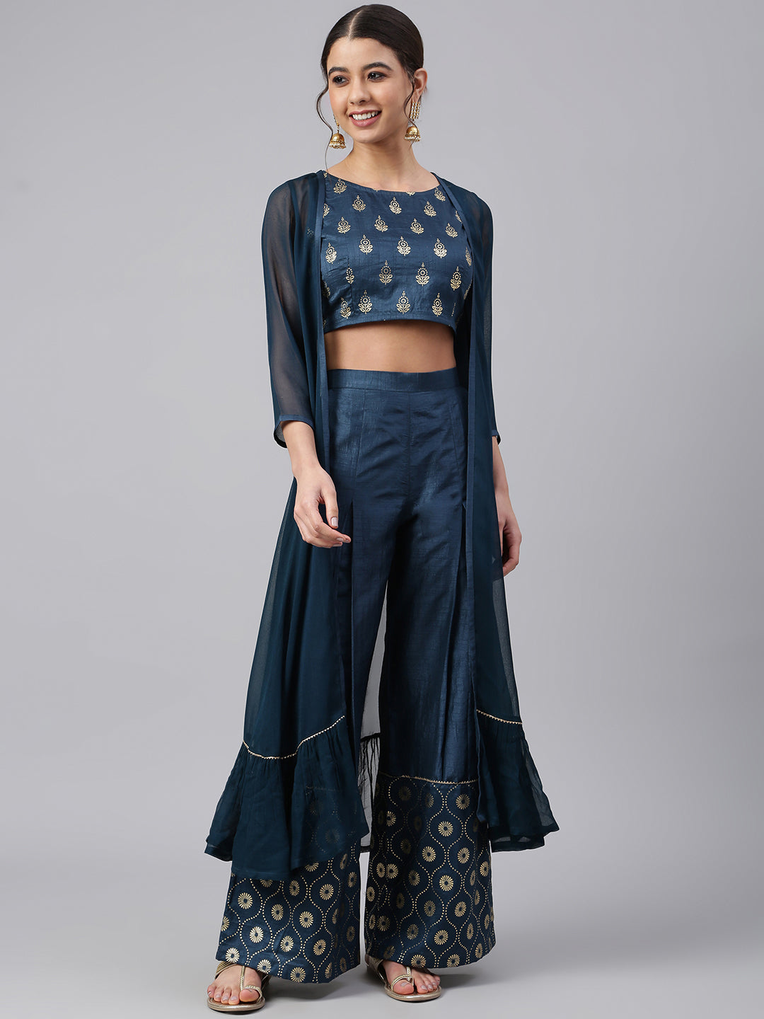 Teal Poly Silk Foil Print Crop Top with Palazzo and Jacket Janasya