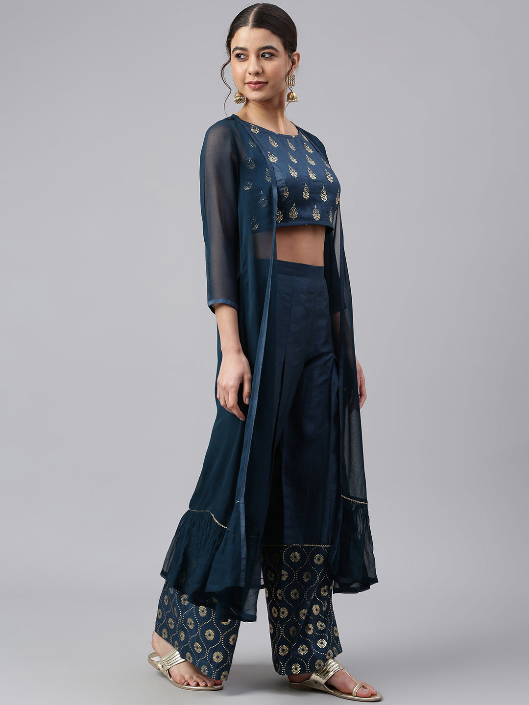 Teal Poly Silk Foil Print Crop Top with Palazzo and Jacket Janasya