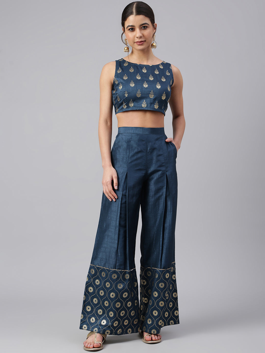 Teal Poly Silk Foil Print Crop Top with Palazzo and Jacket Janasya