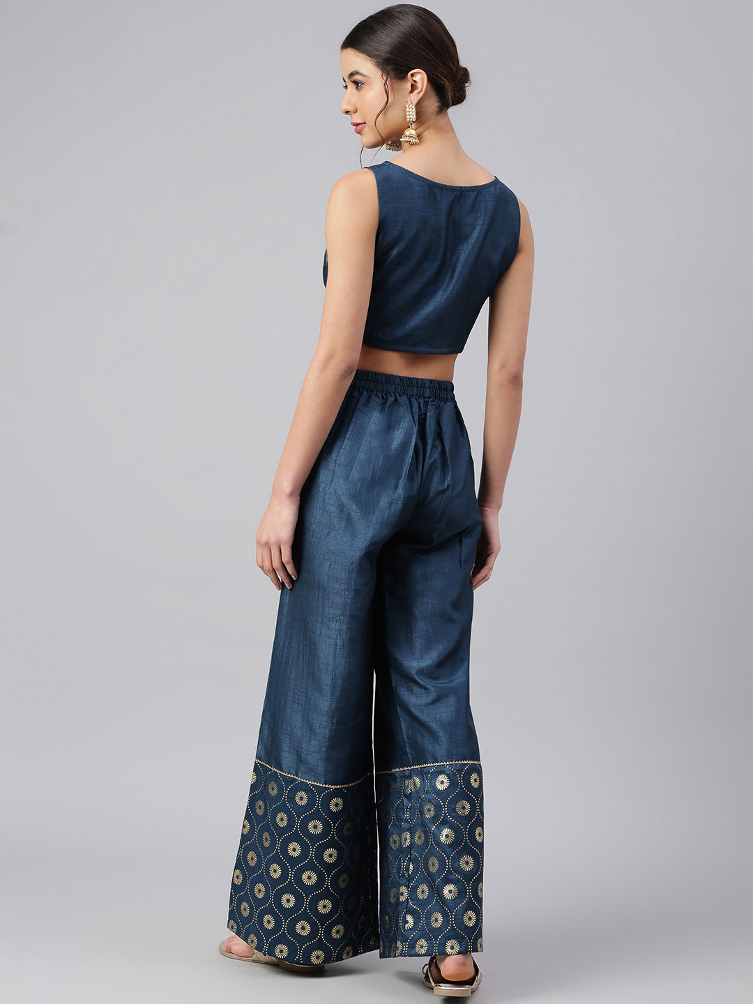 Teal Poly Silk Foil Print Crop Top with Palazzo and Jacket Janasya