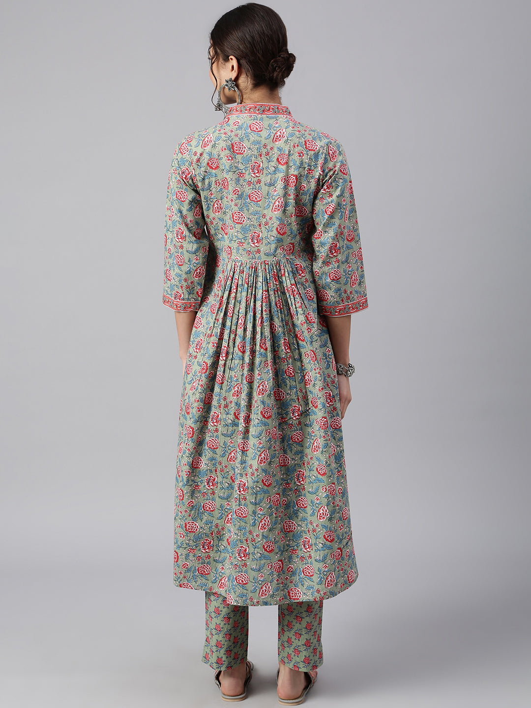 Sea Green Cotton Floral Print Kurta with Pant Janasya