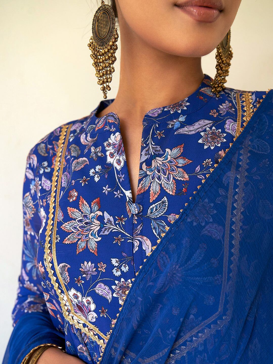 Dark Blue Georgette Digital Floral Printed Kurta with Palazzo and Dupatta