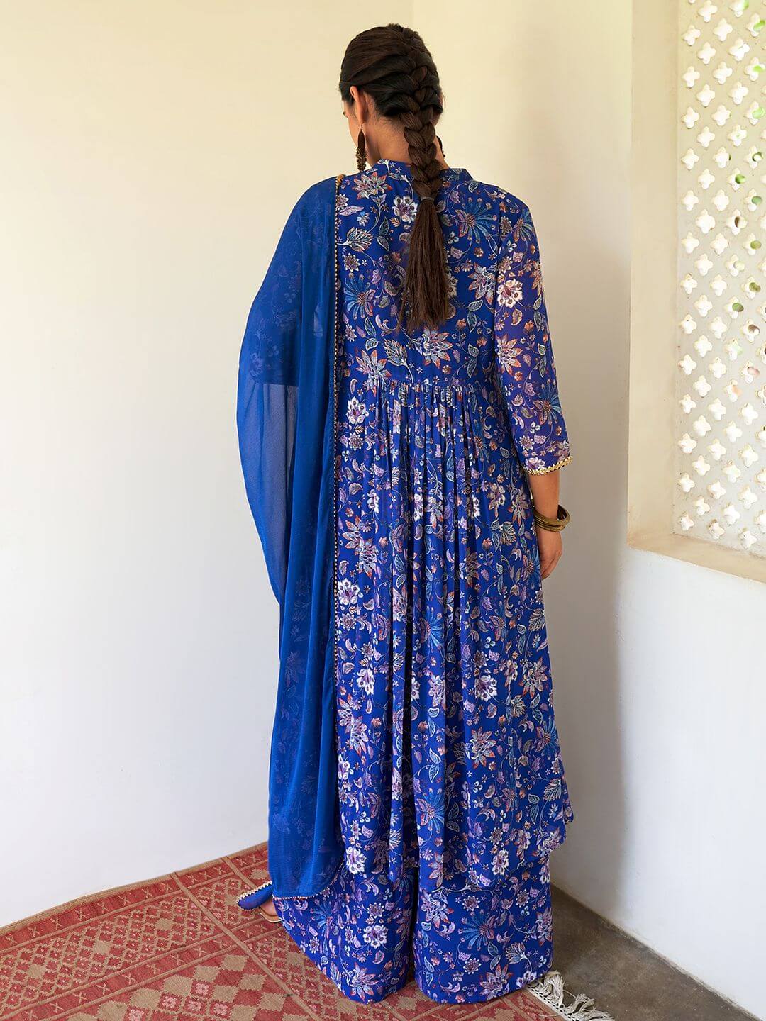 Dark Blue Georgette Digital Floral Printed Kurta with Palazzo and Dupatta