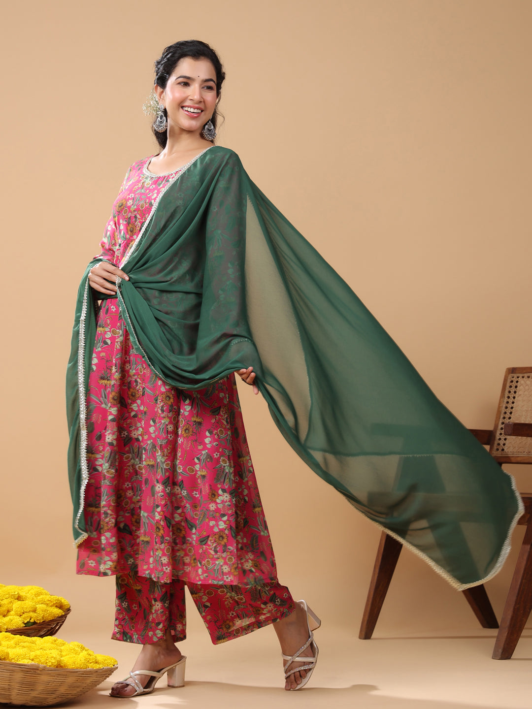Pink Georgette Digital Floral Printed Kurta with Palazzo and Dupatta